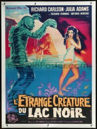 9m0074 CREATURE FROM THE BLACK LAGOON linen French 1p R1962 Belinsky art of monster & Adams, rare!