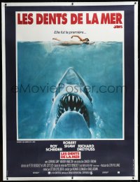9m0082 JAWS linen French 1p 1975 Steven Spielberg's classic man-eating shark attacking sexy swimmer!