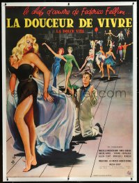 9m0086 LA DOLCE VITA linen French 1p 1960 Federico Fellini, art of Mastroianni & sexy Ekberg by Thos!