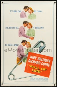 9m0538 FULL OF LIFE linen 1sh 1957 art of newlyweds Judy Holliday & Richard Conte + safety pin!