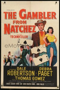 9m0540 GAMBLER FROM NATCHEZ linen 1sh 1954 Dale Robertson, Debra Paget, cool riverboat art!