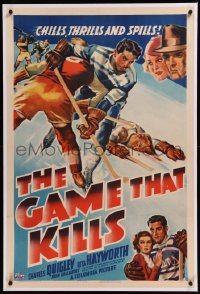 9m0543 GAME THAT KILLS linen 1sh 1937 cool art of thrilling ice hockey game, plus sexy Rita Hayworth!
