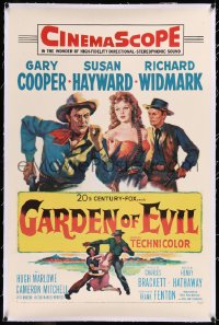 9m0544 GARDEN OF EVIL linen 1sh 1954 cool art of Gary Cooper, sexy Susan Hayward, & Richard Widmark!