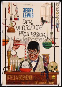 9m0334 NUTTY PROFESSOR linen German 1963 great Peltzer art of wacky scientist Jerry Lewis in his lab!