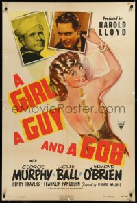 9m0549 GIRL A GUY & A GOB linen 1sh 1941 art of sexy Lucy Ball w/George Murphy & Edmond O'Brien!
