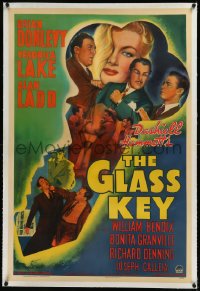 9m0550 GLASS KEY linen 1sh 1942 incredible art of Alan Ladd & sexy Veronica Lake in giant key, rare!