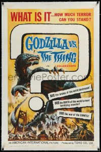 9m0553 GODZILLA VS. THE THING linen 1sh 1964 Reynold Brown monster art, how much terror can you stand!