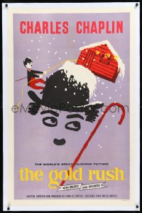 9m0556 GOLD RUSH linen int'l 1sh R1959 Charlie Chaplin classic, wonderful art by Leo Kouper!