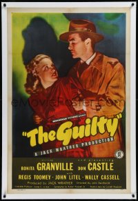 9m0561 GUILTY linen 1sh 1947 Bonita Granville plays twins, from a noir story by Cornel Woolrich!