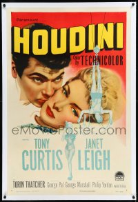 9m0585 HOUDINI linen 1sh 1953 art of magician Tony Curtis and his sexy assistant Janet Leigh!