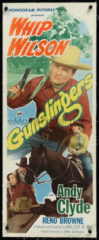 9m0416 GUNSLINGERS linen insert 1950 cool image of Whip Wilson, Andy Clyde & Reno Browne, rare!