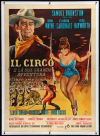 9m0129 CIRCUS WORLD linen Italian 1p 1964 different art of Claudia Cardinale on trapeze & John Wayne!