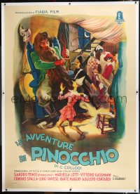 9m0102 ADVENTURES OF PINOCCHIO linen Italian 2p 1947 Manfredo art of fairy tale puppet, ultra rare!