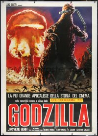 9m0116 GODZILLA linen Italian 2p R1977 Nistri art of him with train & mushroom cloud, ultra rare!