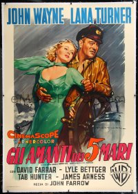 9m0123 SEA CHASE linen Italian 2p 1955 best Martinati art of John Wayne & sexy Lana Turner, rare!