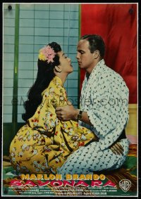 9m0409 SAYONARA linen Italian 19x27 pbusta 1957 close up of Marlon Brando about to kiss Miiko Taka!