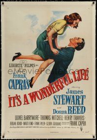 9m0592 IT'S A WONDERFUL LIFE linen 1sh 1946 art of James Stewart & Donna Reed in Frank Capra classic!