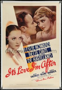 9m0593 IT'S LOVE I'M AFTER linen 1sh 1937 Leslie Howard between Bette Davis & Olivia de Havilland!