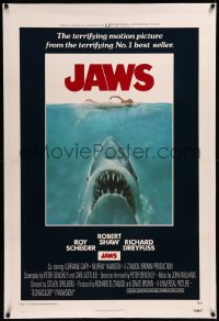 9m0595 JAWS linen int'l 1sh 1975 Kastel art of Spielberg's man-eating shark attacking sexy swimmer!