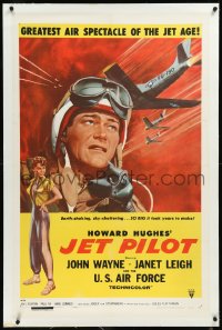 9m0596 JET PILOT linen 1sh 1957 great artwork of John Wayne, jet-hot thrills, Howard Hughes!