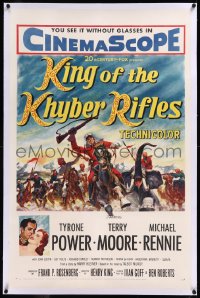 9m0608 KING OF THE KHYBER RIFLES linen 1sh 1954 art of British soldier Tyrone Power on horseback!