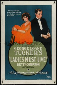 9m0613 LADIES MUST LIVE linen 1sh 1921 Robert Ellis loved Betty Compson when she was rich, ultra rare!