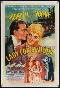9m0615 LADY FOR A NIGHT linen 1sh 1941 great art of John Wayne & sexy Joan Blondell + riverboat!