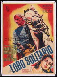 9m0267 EL LOBO SOLITARIO linen Mexican poster 1952 art of masked man on horse & Flor Silvestre, rare!