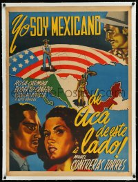 9m0270 YO SOY MEXICANO DE ACA DE ESTE LADO linen Mexican poster 1952 sexy Rosa Carmina & map, rare!