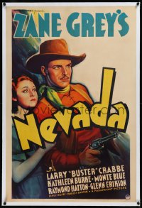 9m0666 NEVADA linen 1sh 1936 art of cowboy Buster Crabbe with gun & Kathleen Burke, Zane Grey, rare!