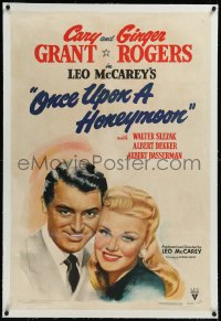 9m0678 ONCE UPON A HONEYMOON linen 1sh 1942 wonderful smiling portrait of Ginger Rogers & Cary Grant!