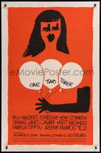 9m0680 ONE, TWO, THREE linen 1sh 1962 Billy Wilder, wonderful Saul Bass art of girl with balloons!