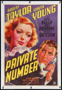 9m0708 PRIVATE NUMBER linen 1sh 1936 great Fox litho art of Loretta Young & Robert Taylor, rare!