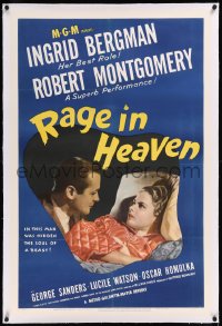 9m0715 RAGE IN HEAVEN linen 1sh R1946 c/u of Robert Montgomery over Ingrid Bergman laying in bed!