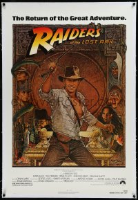 9m0717 RAIDERS OF THE LOST ARK linen 1sh R1982 great Richard Amsel art of adventurer Harrison Ford!