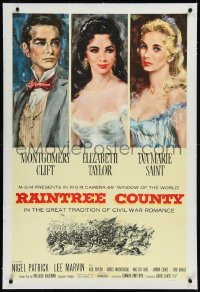 9m0718 RAINTREE COUNTY linen 1sh 1957 art of Montgomery Clift, Elizabeth Taylor & Eva Marie Saint!