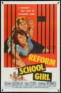 9m0722 REFORM SCHOOL GIRL linen 1sh 1957 classic AIP bad girl catfight behind prison cell bars art!