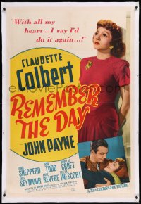 9m0723 REMEMBER THE DAY linen 1sh 1941 full-length pretty Claudette Colbert & held by John Payne!
