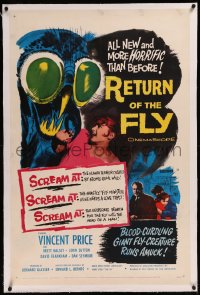 9m0725 RETURN OF THE FLY linen 1sh 1959 Vincent Price, cool monster art, more horrific than before!