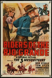 9m0730 RIDERS OF THE RIO GRANDE linen 1sh 1943 art of Bob Steele & Lorraine Miller, 3 Mesquiteers!