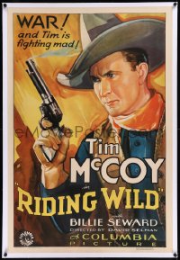 9m0731 RIDING WILD linen 1sh 1935 best art of cowboy Tim McCoy holding his six-shooter, very rare!