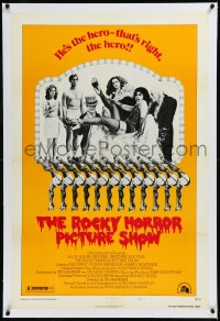 9m0737 ROCKY HORROR PICTURE SHOW linen style B 1sh 1975 Tim Curry is the hero, wacky cast portrait!