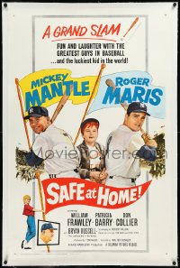 9m0738 SAFE AT HOME linen 1sh 1962 New York Yankees baseball greats Mickey Mantle & Roger Maris!