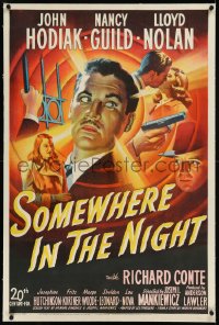 9m0754 SOMEWHERE IN THE NIGHT linen 1sh 1946 amnesiac John Hodiak, Nancy Guild, cool noir art montage!