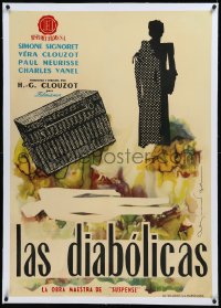 9m0278 DIABOLIQUE linen Spanish 1957 Henri-Georges Clouzot, cool Raymond Gid silhouette art, rare!