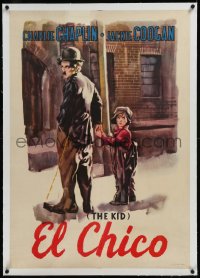 9m0282 KID linen Spanish R1950s wonderful art of Charlie Chaplin holding young Jackie Coogan's hand!