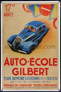 9m0174 AUTO-ECOLE GILBERT linen 30x46 French advertising poster 1930s cool art of Delahaye 135 car!