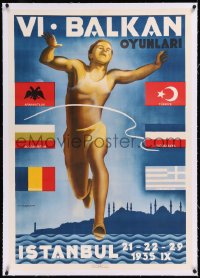 9m0184 BALKAN ATHLETICS CHAMPIONSHIPS linen 28x40 Turkish special poster 1935 Mazar art of athlete!