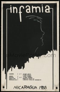 9m0189 INFAMIA linen 17x26 Nicaraguan special poster 1988 Marcig art of man's silhouette, very rare!