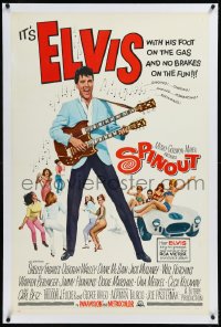 9m0760 SPINOUT linen 1sh 1966 Elvis with double-necked guitar, foot on the gas & no brakes on fun!